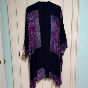 Kaliyana Artwear sz XL Flowy long kimono cardi side slits blues pink Cdn design
